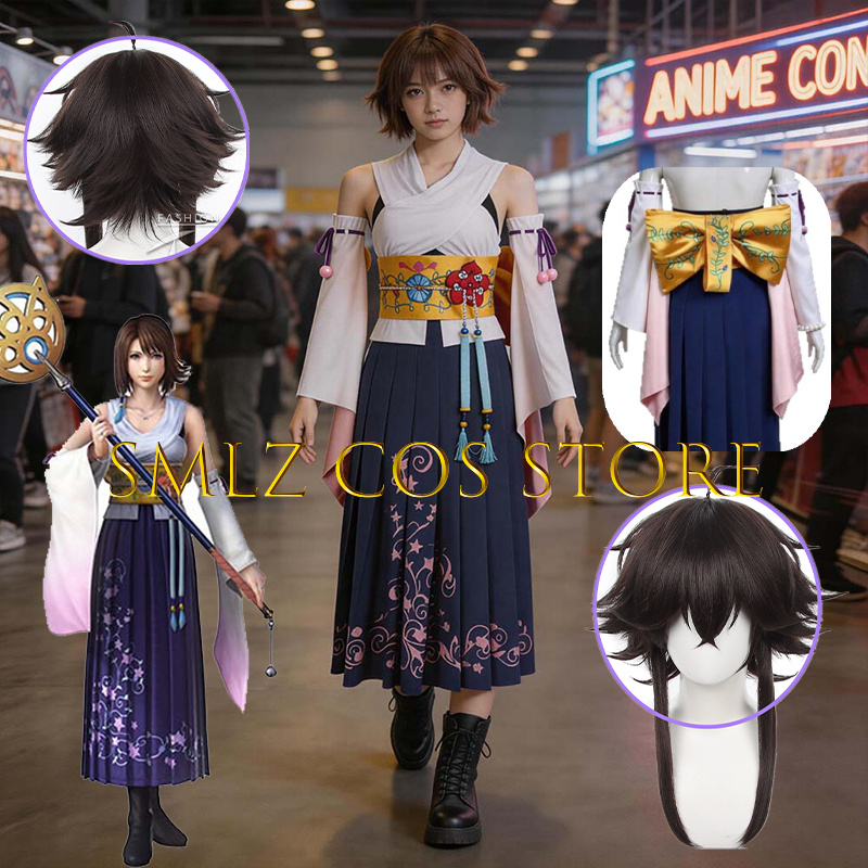 Anime Cosplay Prop - Smlz FFX ユナコスプレアニメ FF10 X 衣装女性あなたナ着物ドレス小道具ウィッグセットハロウィンパーティー演劇衣装