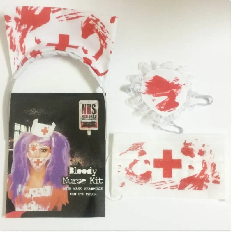 Cosplay Prop Kit - 血まみれの看護ハロウィーンの衣装キット、コスプレアクセサリー、豪華なドレスアップセット、マスク、ヘッドピース、ナイトラッチ、コスチュームアクセサリー、3個セット