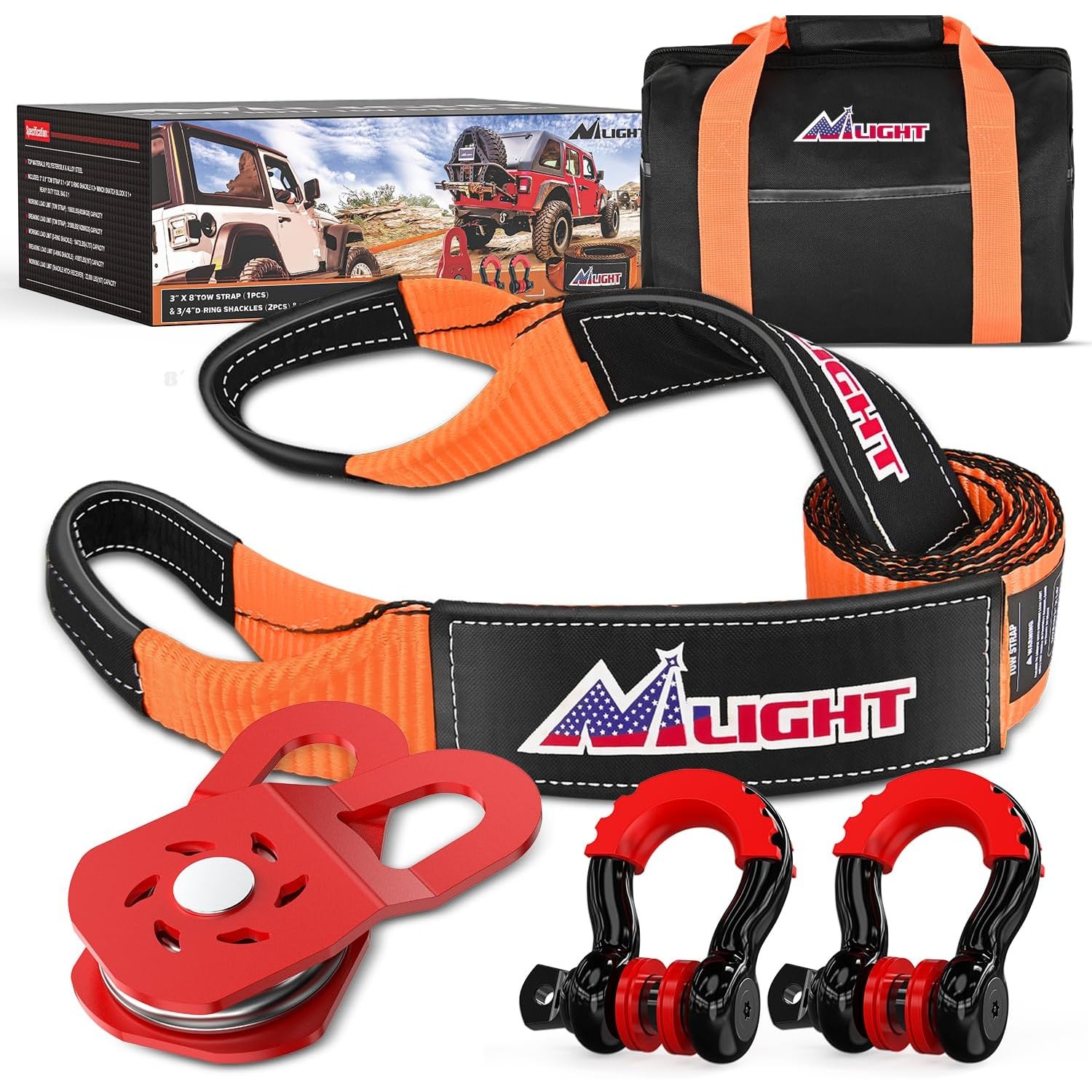 D Ring Strap - ニライトオフロードリカバリーキット 3インチx8フィート牽引ストラップ ヘビーデューティーウィンチ スナッチブロック Dリングシャックル 収納バッグ